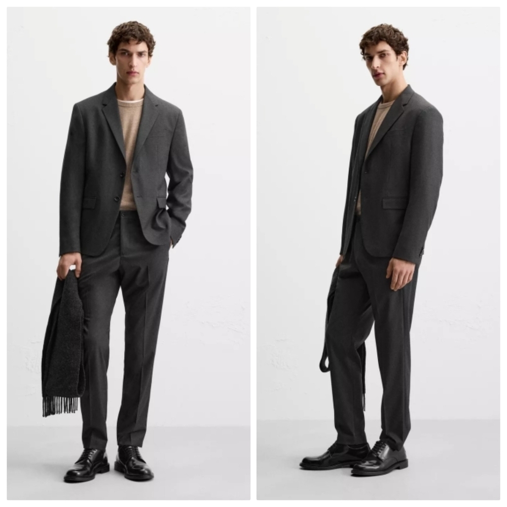 New Zara Comfort Slim Fit Lapel Collar Button Front Anthracite Grey Suit Blazer